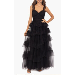 Betsy & Adam Gigi Long Ruffle Mesh Dress Size 10 NWOT Tulle Gown Tiered Ruffles